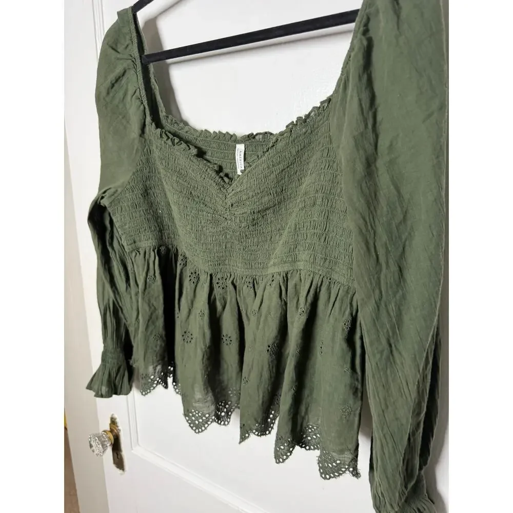 American Eagle Olive Green Smocked Boho Coastal Cowgirl Peplum Peasant Top XL - Picture 4 of 9